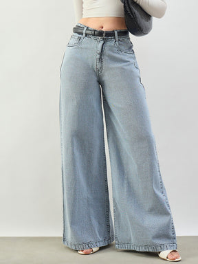 Grey Wash Low Waist Wide Leg Jeans -SASSAFRAS BASICS