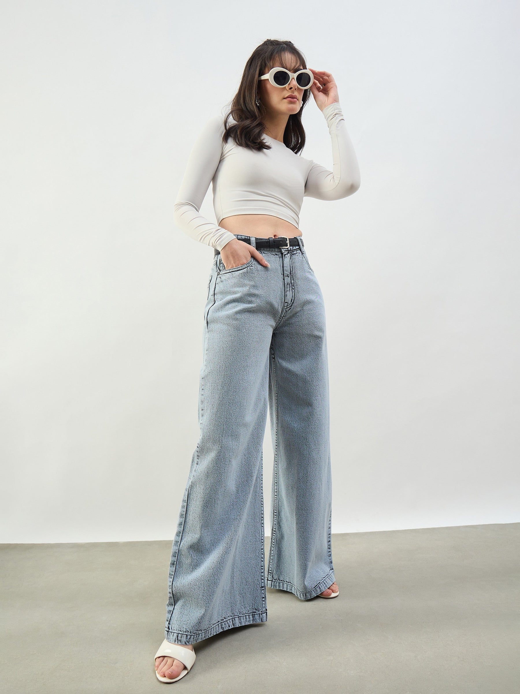 Grey Wash Low Waist Wide Leg Jeans -SASSAFRAS BASICS