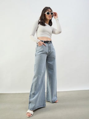 Grey Wash Low Waist Wide Leg Jeans -SASSAFRAS BASICS