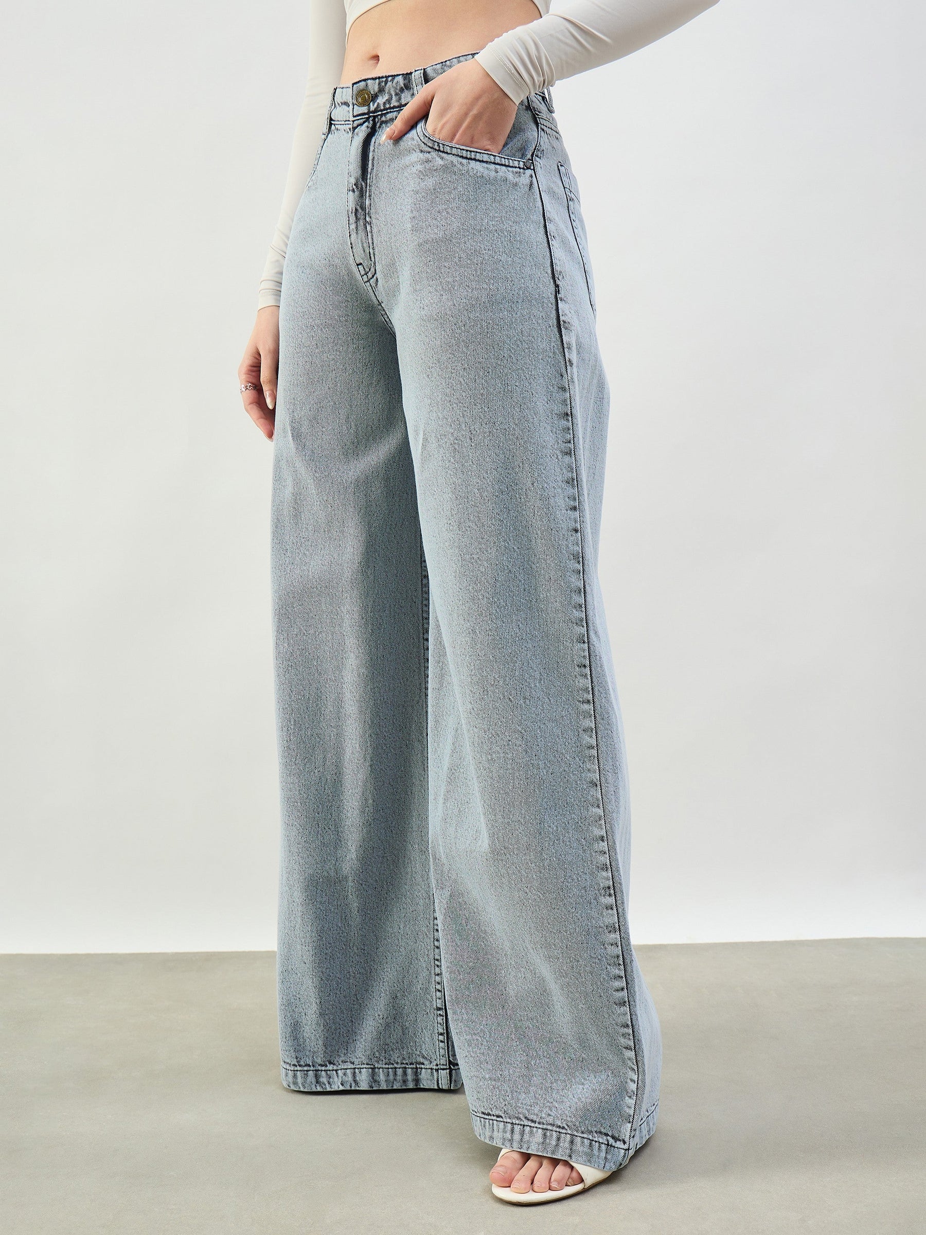 Grey Wash Low Waist Wide Leg Jeans -SASSAFRAS BASICS