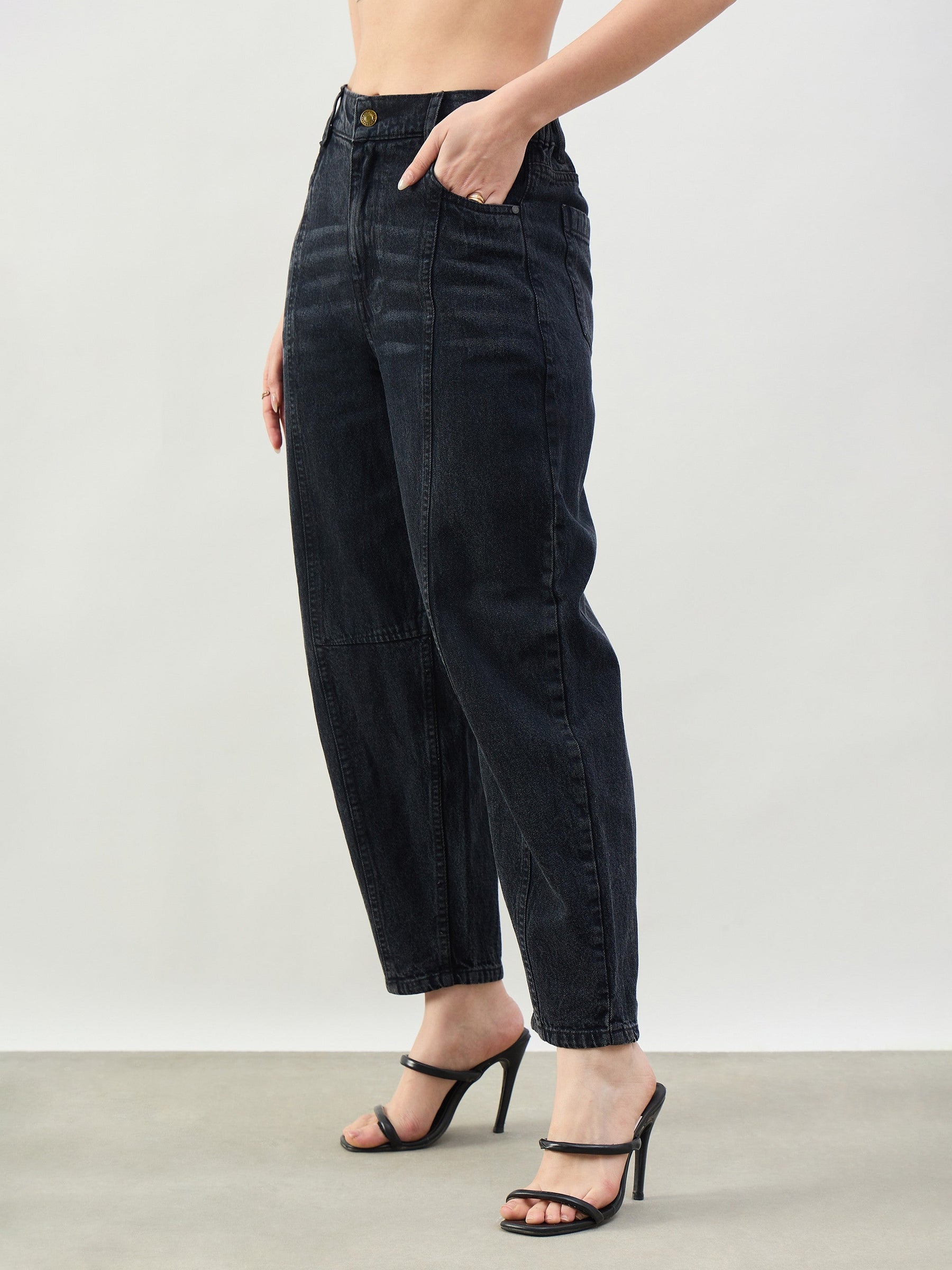 Black Wash Front Seam Balloon Fit Jeans-SASSAFRAS BASICS