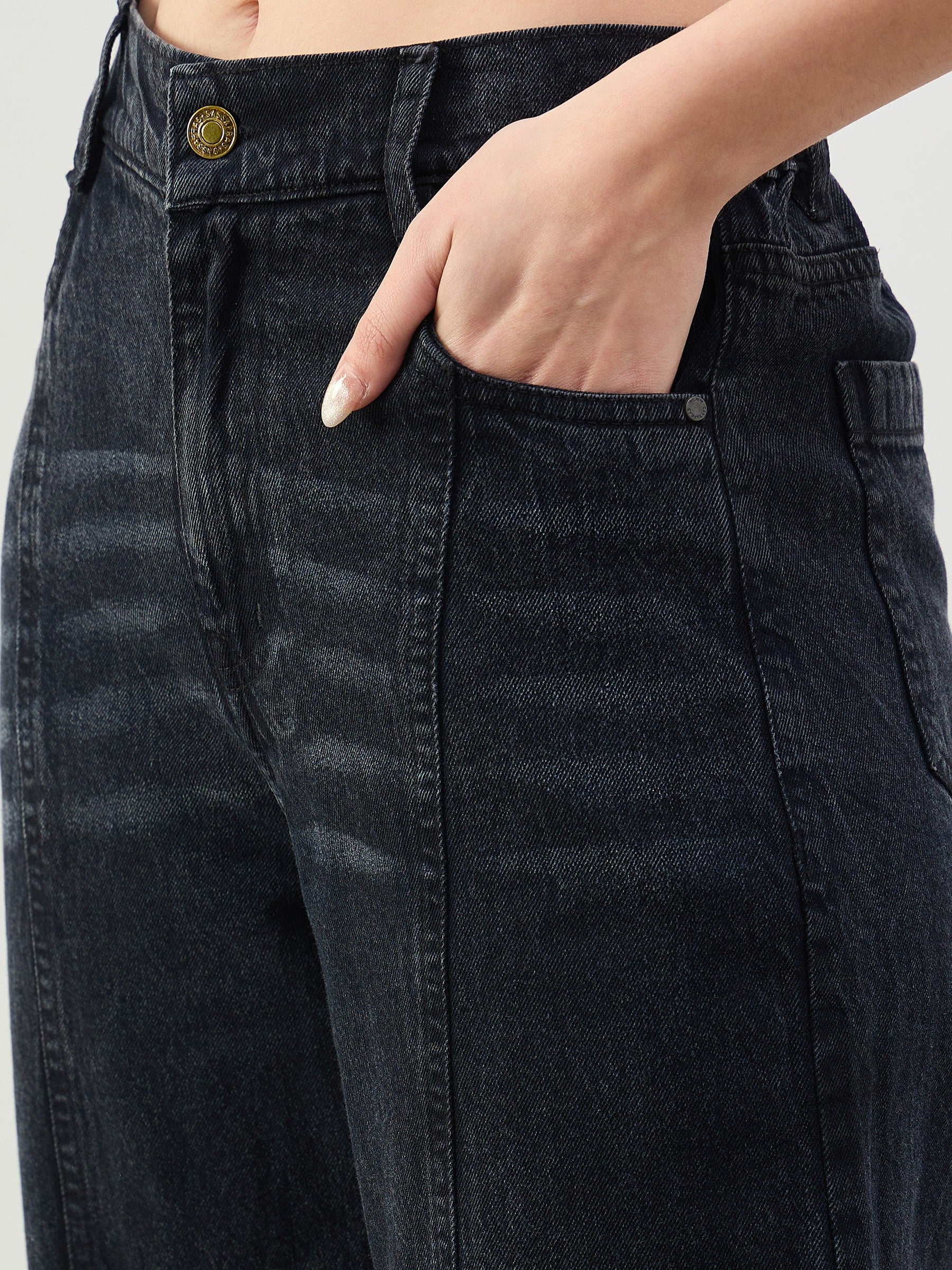 Black Wash Front Seam Balloon Fit Jeans-SASSAFRAS BASICS