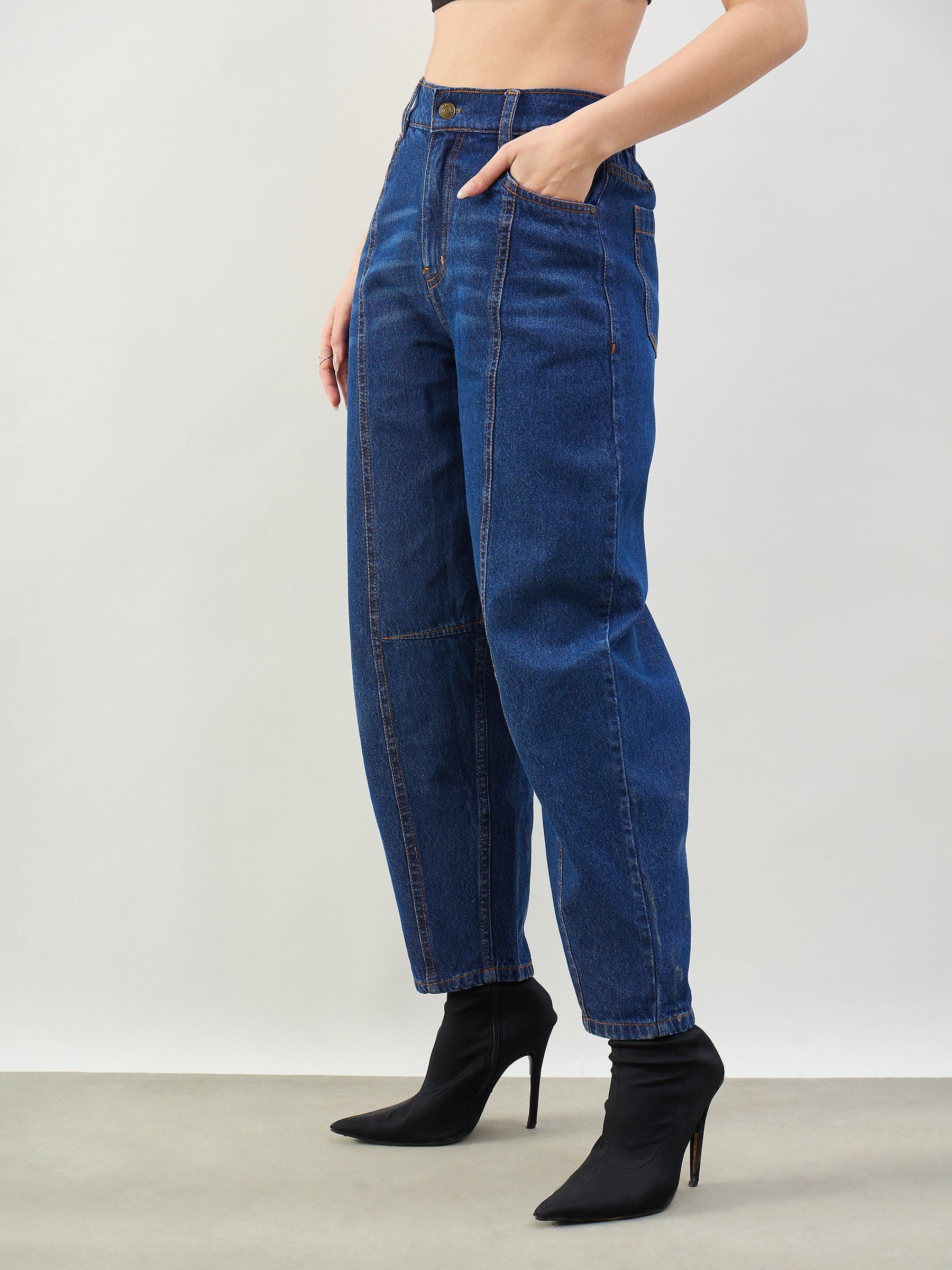 Blue Wash Front Seam Balloon Fit Jeans-SASSAFRAS BASICS