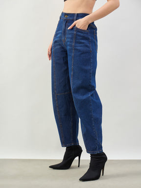 Blue Wash Front Seam Balloon Fit Jeans-SASSAFRAS BASICS