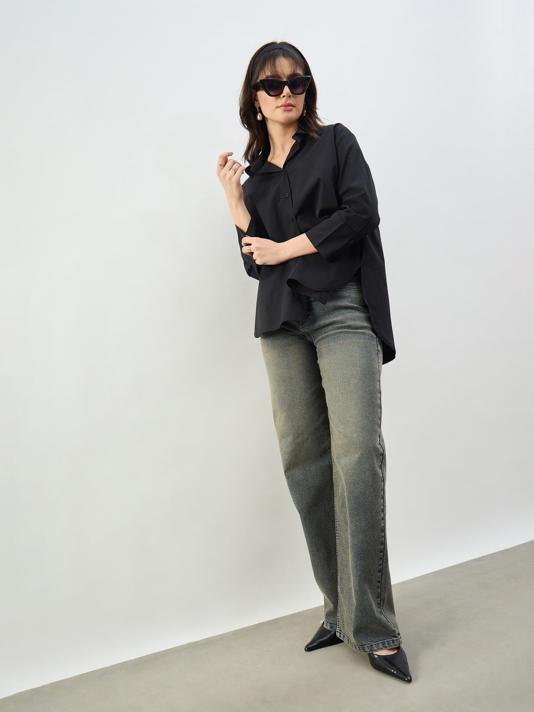 Women Black Washed High Waist Straight Jeans