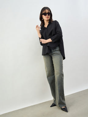 Women Black Washed High Waist Straight Jeans