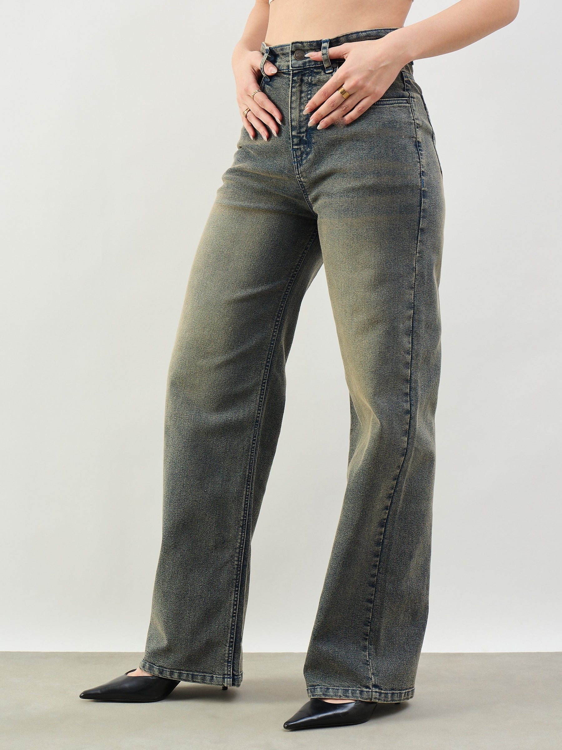 Women Black Washed High Waist Straight Jeans