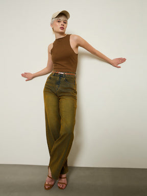 Women Rust Overdyed Wash High Waist Straight Jeans