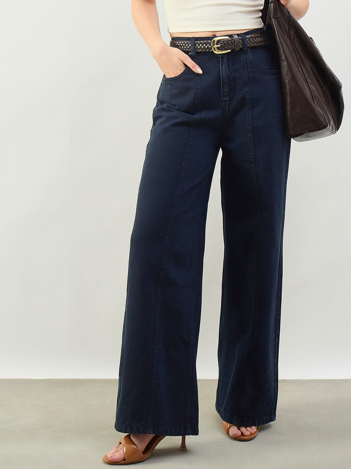 Navy High Waist Seam Detail Straight Jeans-SASSAFRAS BASICS