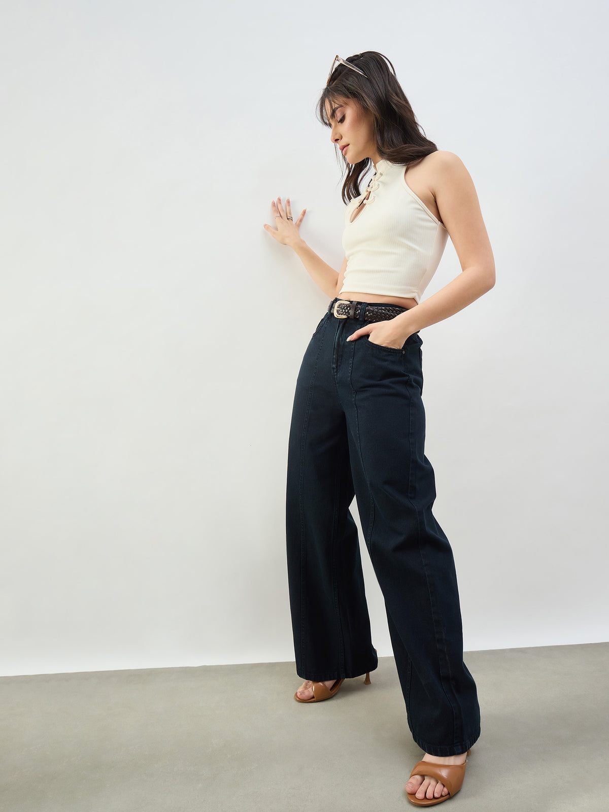 Navy High Waist Seam Detail Straight Jeans-SASSAFRAS BASICS