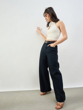 Navy High Waist Seam Detail Straight Jeans-SASSAFRAS BASICS