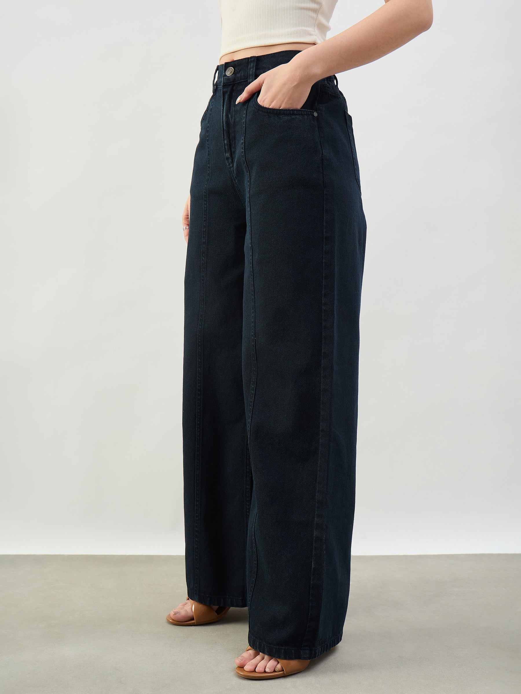 Navy High Waist Seam Detail Straight Jeans-SASSAFRAS BASICS