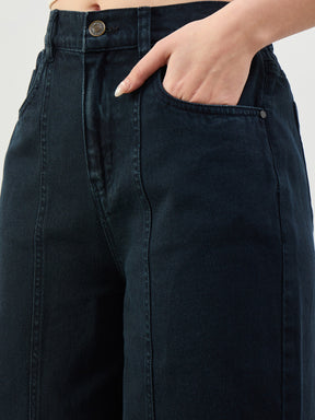 Navy High Waist Seam Detail Straight Jeans-SASSAFRAS BASICS
