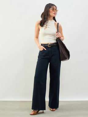 Women Navy High Waist Seam Detail Straight Jeans