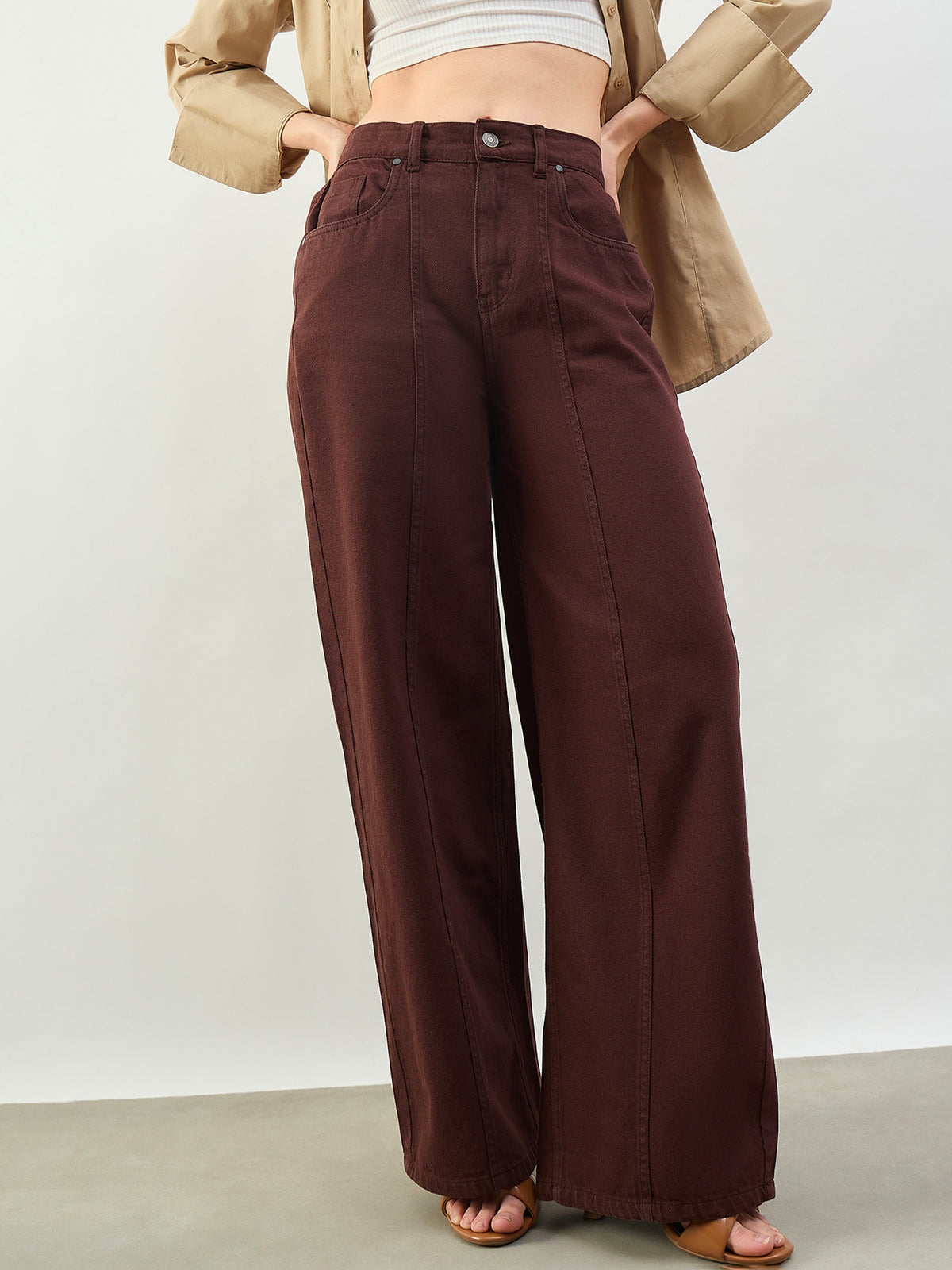 Brown High Waist Seam Detail Straight Jeans-SASSAFRAS BASICS