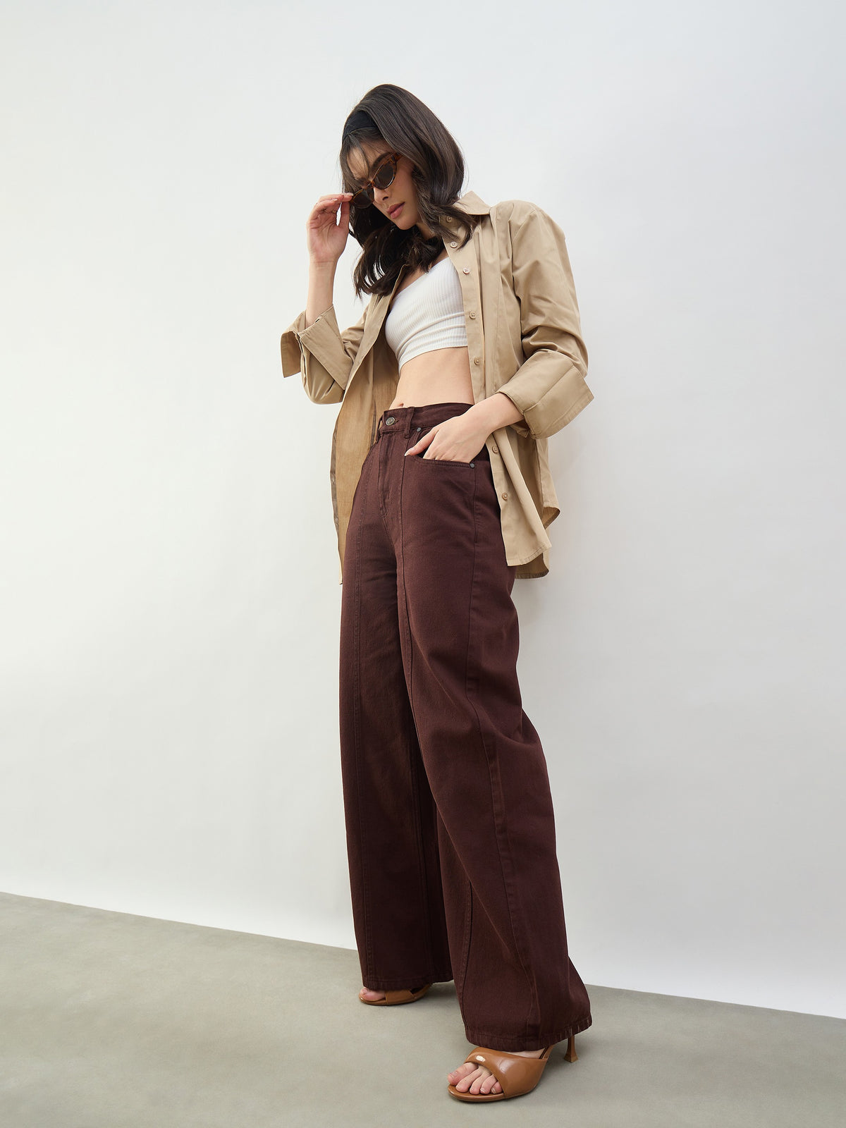 Brown High Waist Seam Detail Straight Jeans-SASSAFRAS BASICS