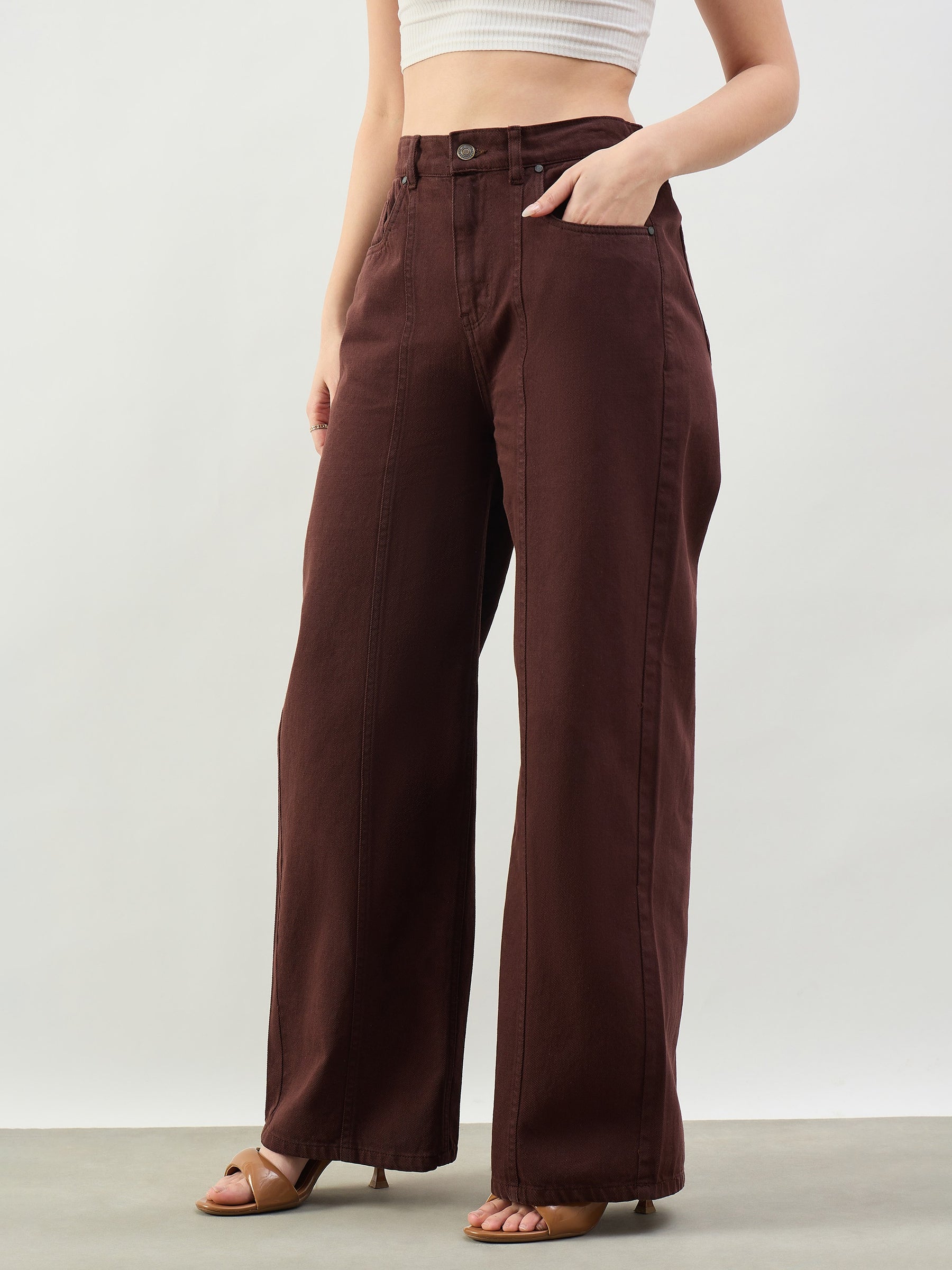 Brown High Waist Seam Detail Straight Jeans-SASSAFRAS BASICS