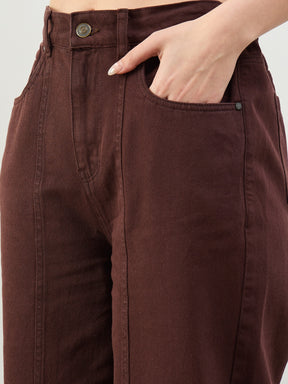 Brown High Waist Seam Detail Straight Jeans-SASSAFRAS BASICS