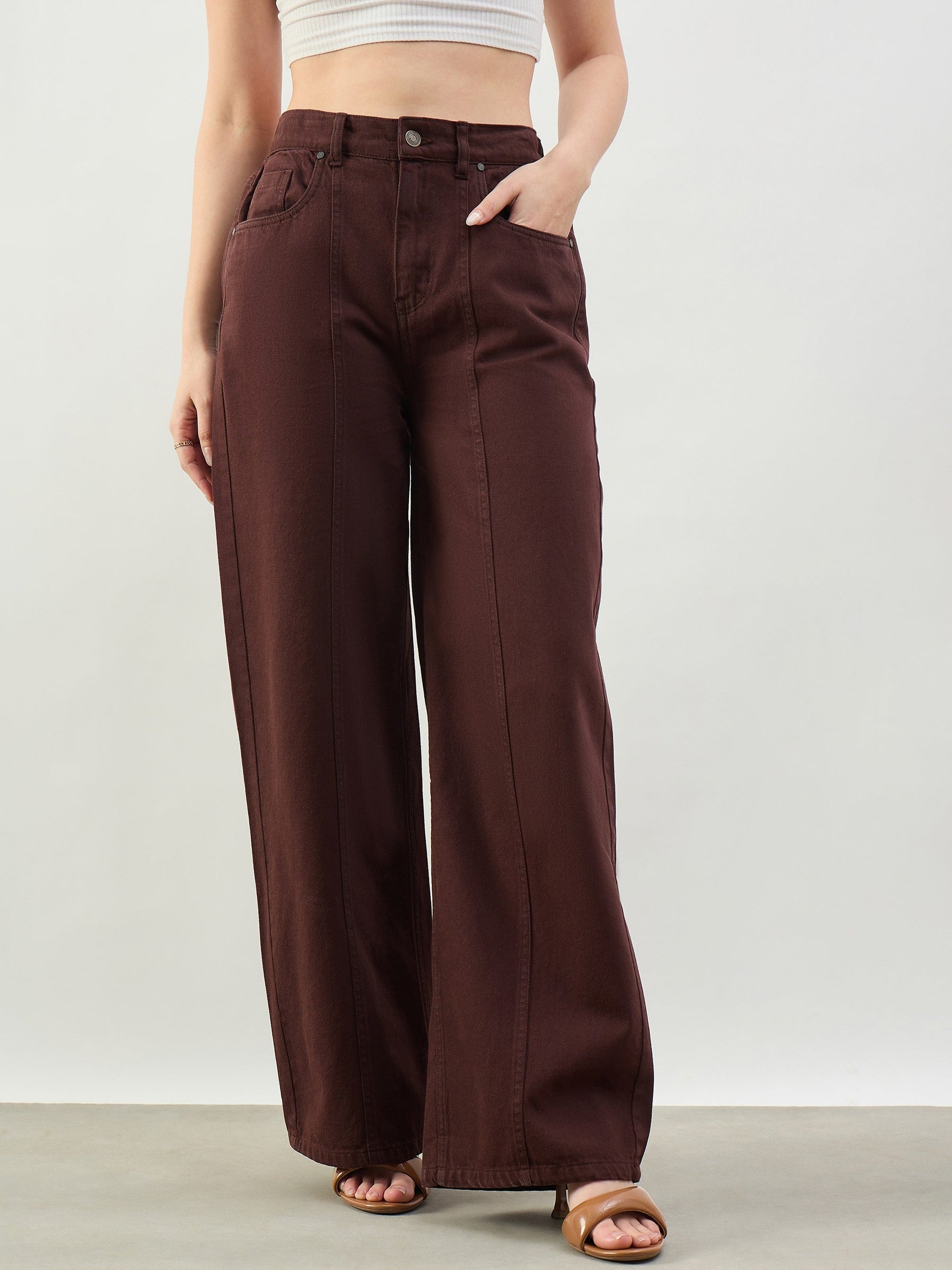 Women Brown High Waist Seam Detail Straight Jeans