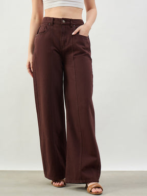 Women Brown High Waist Seam Detail Straight Jeans
