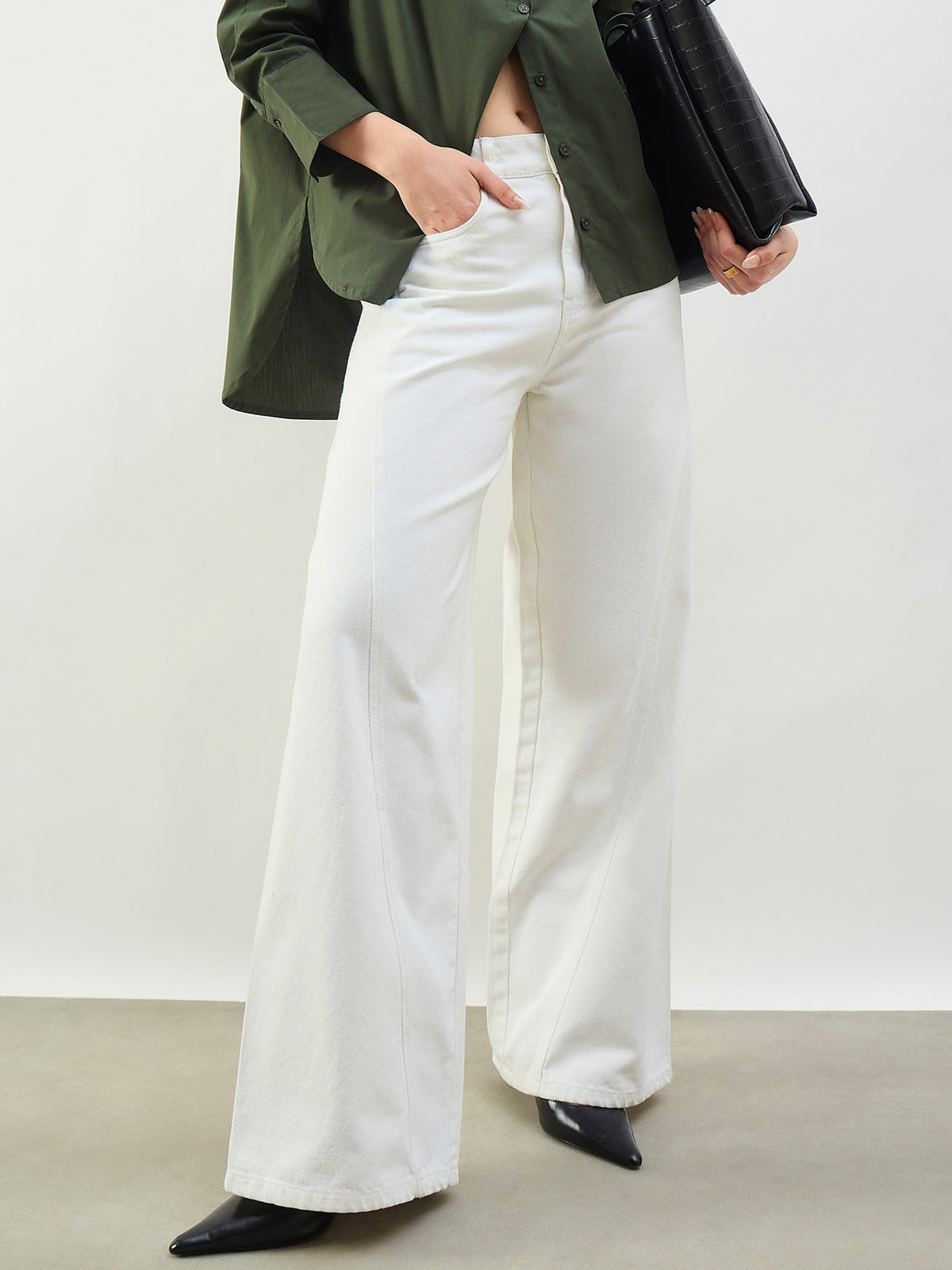 White Seam Detail Wide Leg Jeans -SASSAFRAS BASICS