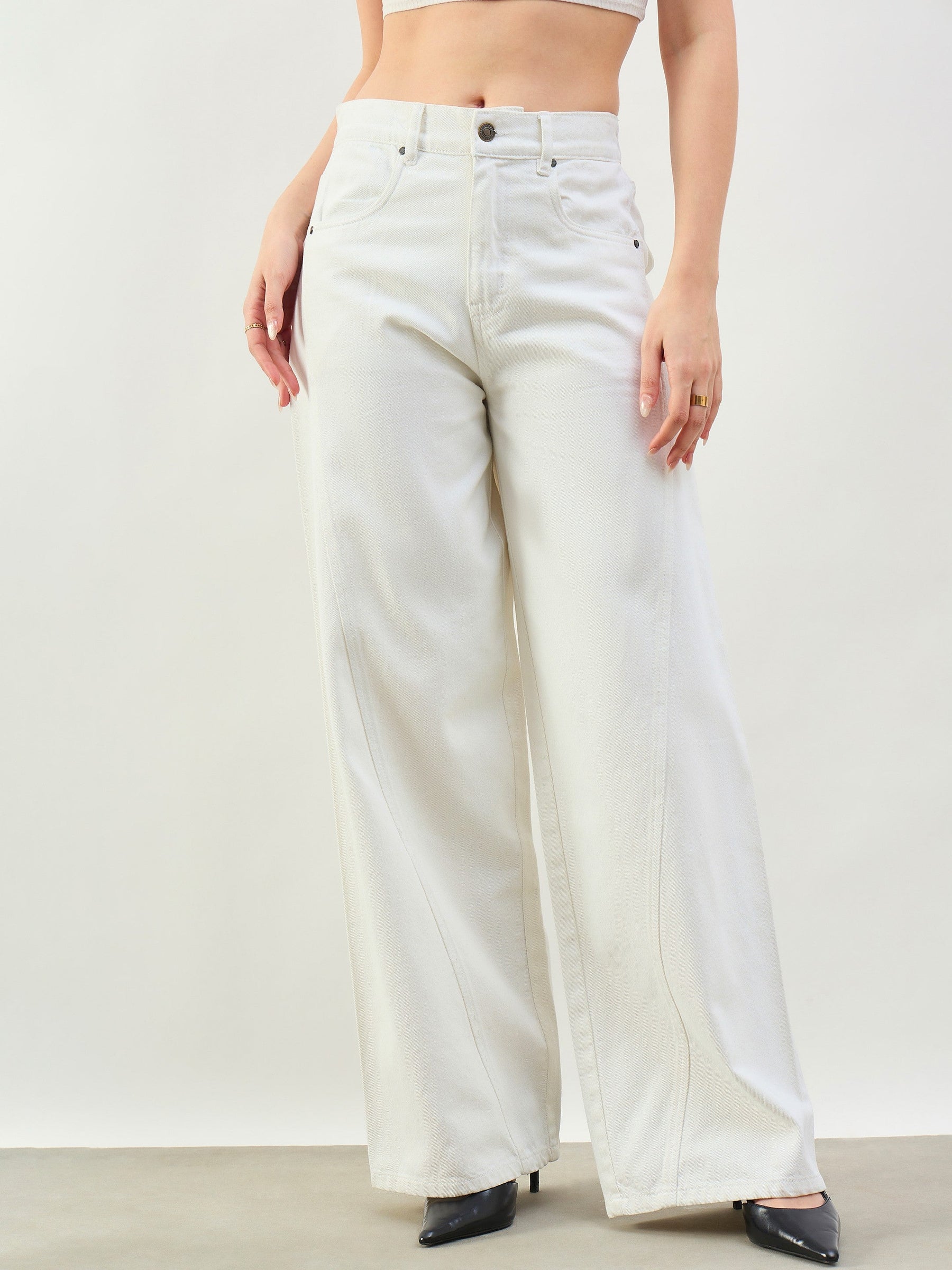 Women White Seam Detail Wide Leg Jeans