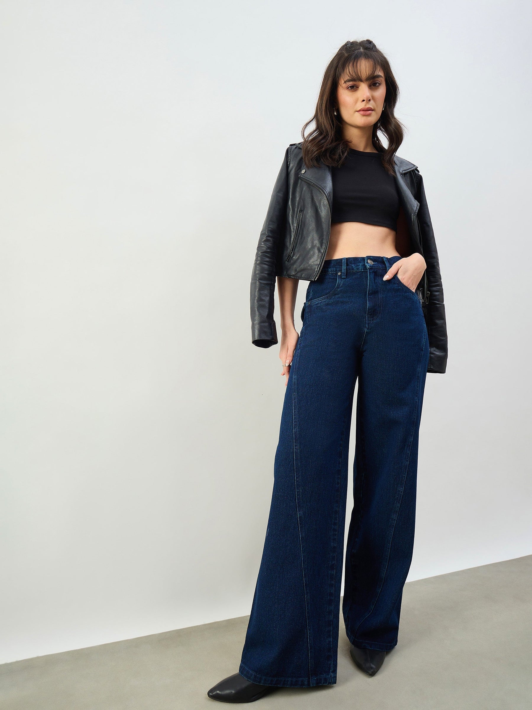 Women Navy Seam Detail Wide Leg Jeans