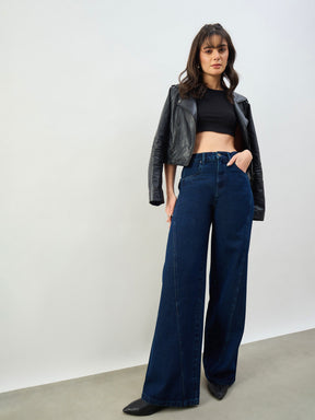 Women Navy Seam Detail Wide Leg Jeans