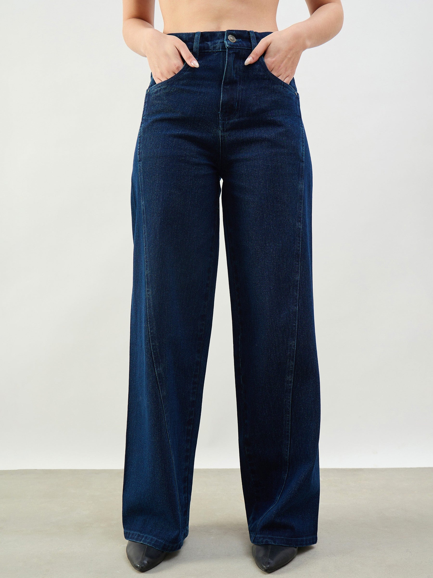 Women Navy Seam Detail Wide Leg Jeans