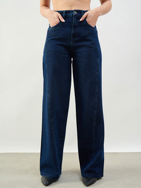 Women Navy Seam Detail Wide Leg Jeans
