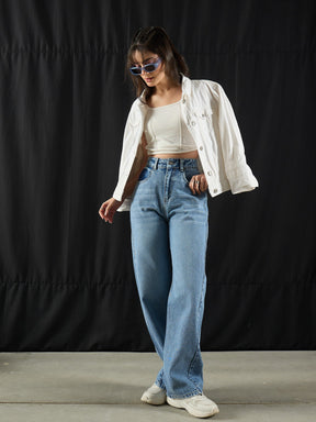 Women Blue Wash High Waist Straight Jeans
