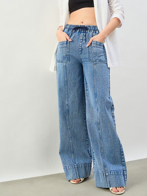 Blue Acid Wash Front Seam Wide Leg Drawstring Jeans-SASSAFRAS BASICS