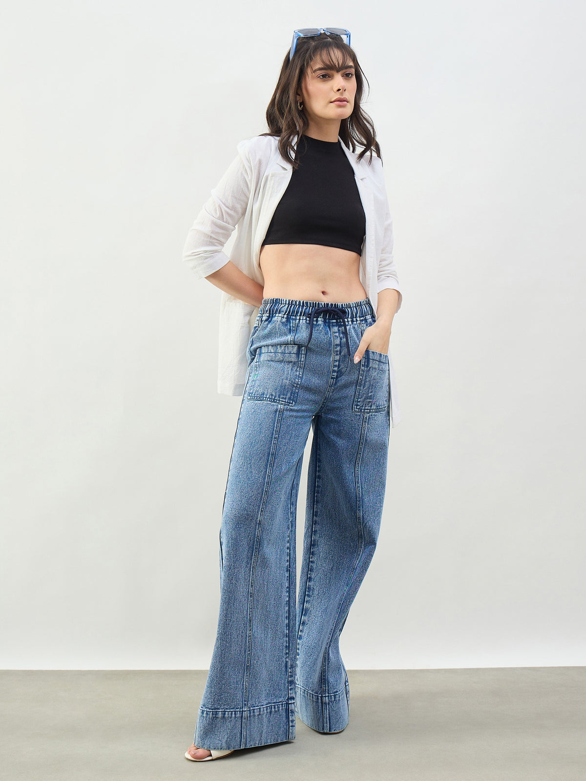 Blue Acid Wash Front Seam Wide Leg Drawstring Jeans-SASSAFRAS BASICS