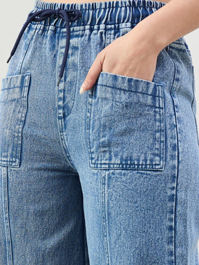 Blue Acid Wash Front Seam Wide Leg Drawstring Jeans-SASSAFRAS BASICS