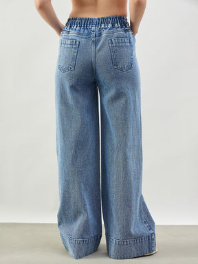 Blue Acid Wash Front Seam Wide Leg Drawstring Jeans-SASSAFRAS BASICS