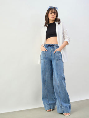 Women Blue Acid Wash Front Seam Wide Leg Drawstring Jeans