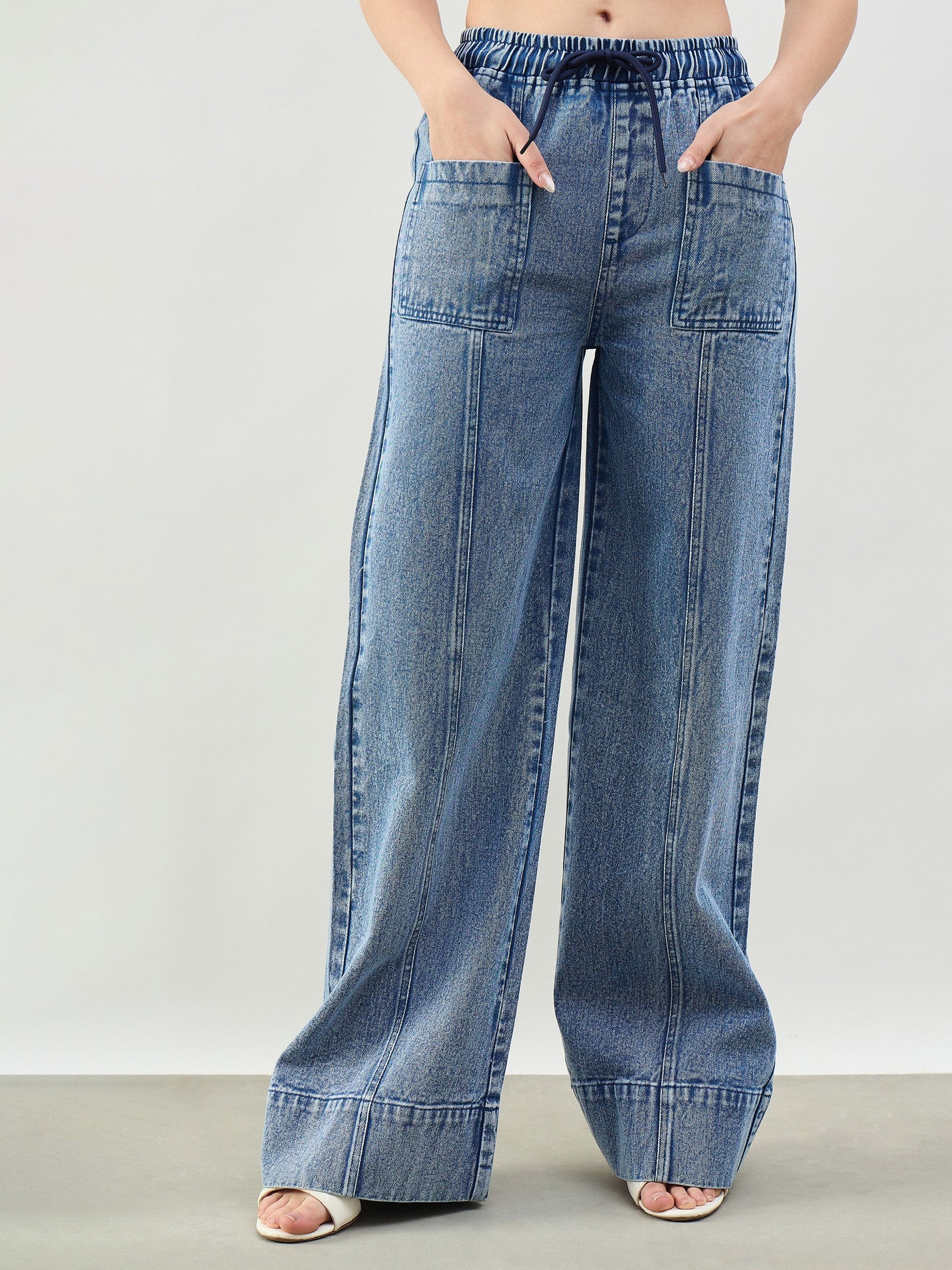 Women Blue Acid Wash Front Seam Wide Leg Drawstring Jeans