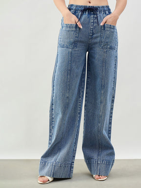 Women Blue Acid Wash Front Seam Wide Leg Drawstring Jeans