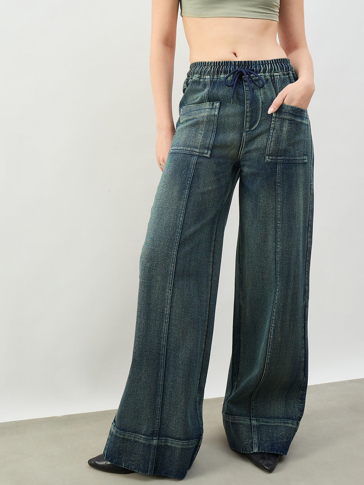 Green Acid Wash Front Seam Wide Leg Drawstring Jeans-SASSAFRAS BASICS