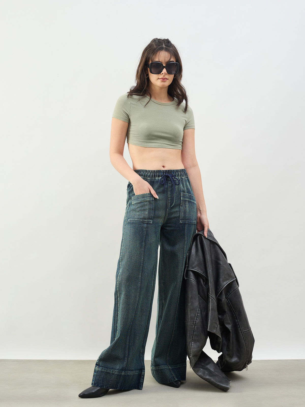 Green Acid Wash Front Seam Wide Leg Drawstring Jeans-SASSAFRAS BASICS