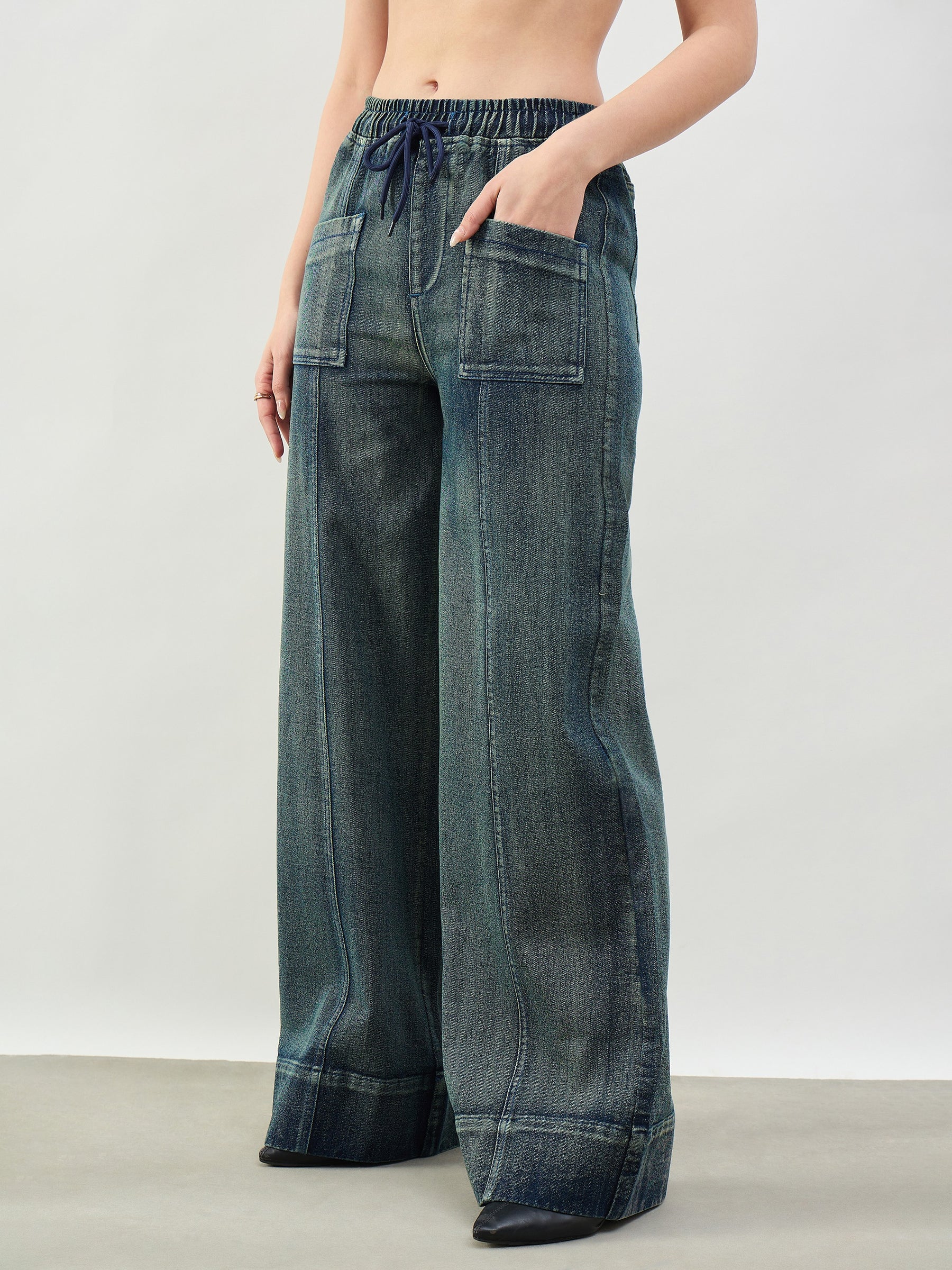Green Acid Wash Front Seam Wide Leg Drawstring Jeans-SASSAFRAS BASICS