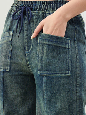 Green Acid Wash Front Seam Wide Leg Drawstring Jeans-SASSAFRAS BASICS