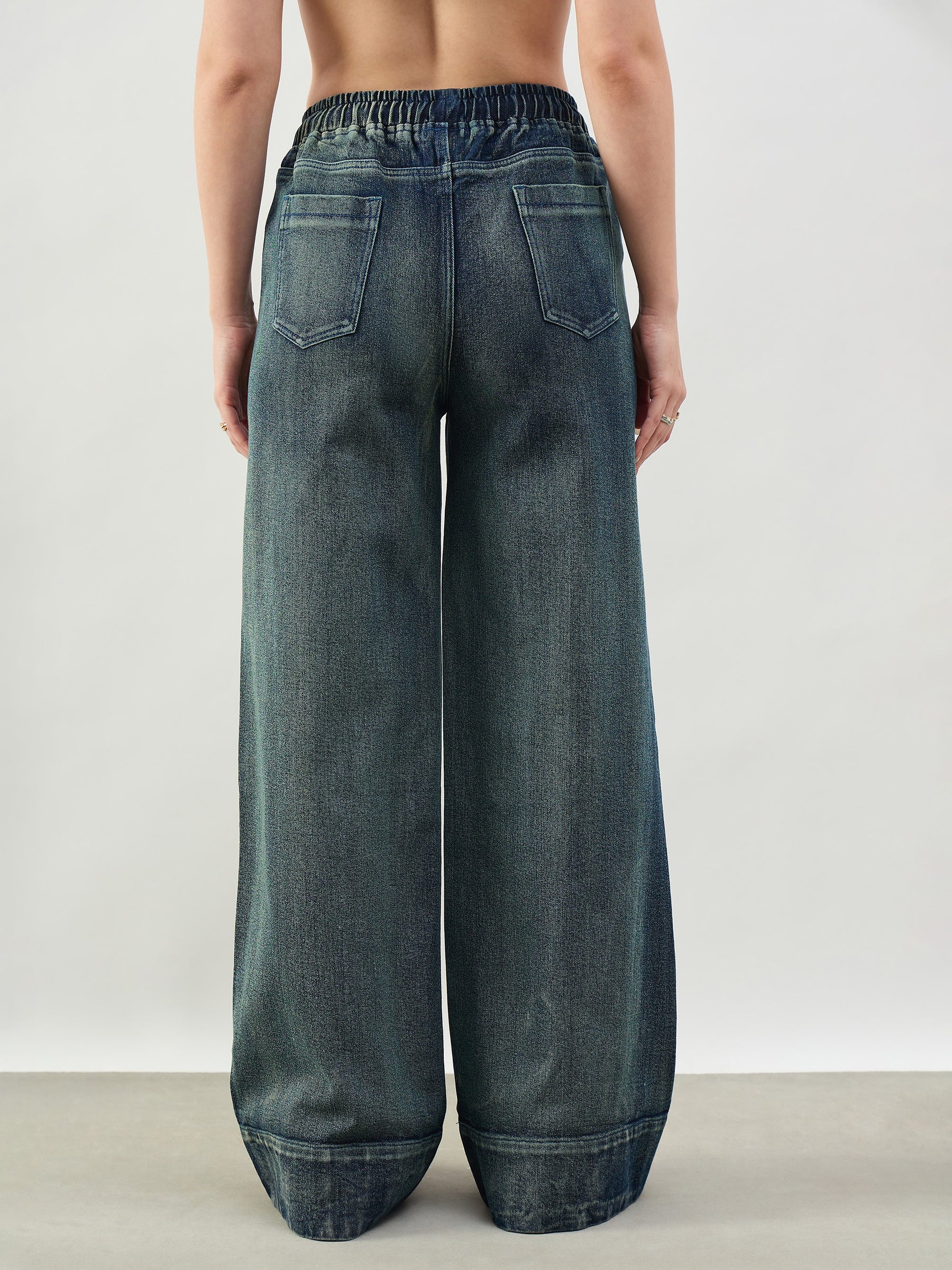 Green Acid Wash Front Seam Wide Leg Drawstring Jeans-SASSAFRAS BASICS