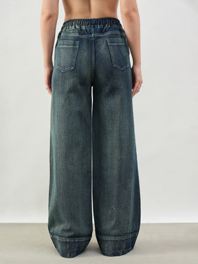 Green Acid Wash Front Seam Wide Leg Drawstring Jeans-SASSAFRAS BASICS