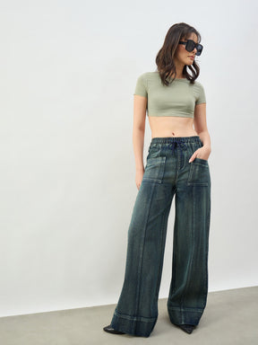 Women Green Acid Wash Front Seam Wide Leg Drawstring Jeans