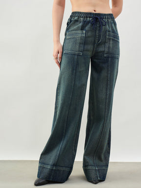 Women Green Acid Wash Front Seam Wide Leg Drawstring Jeans