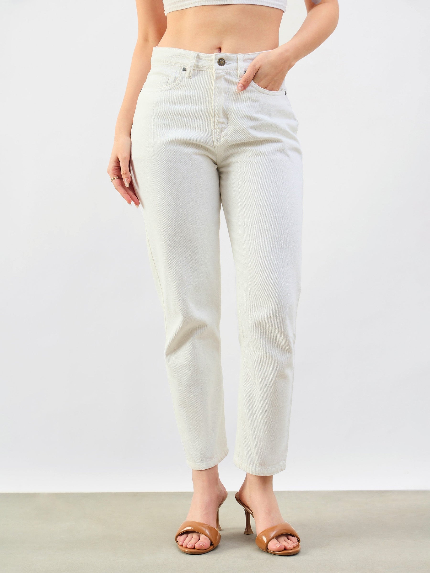 Women White Barrel Fit High Rise Jeans