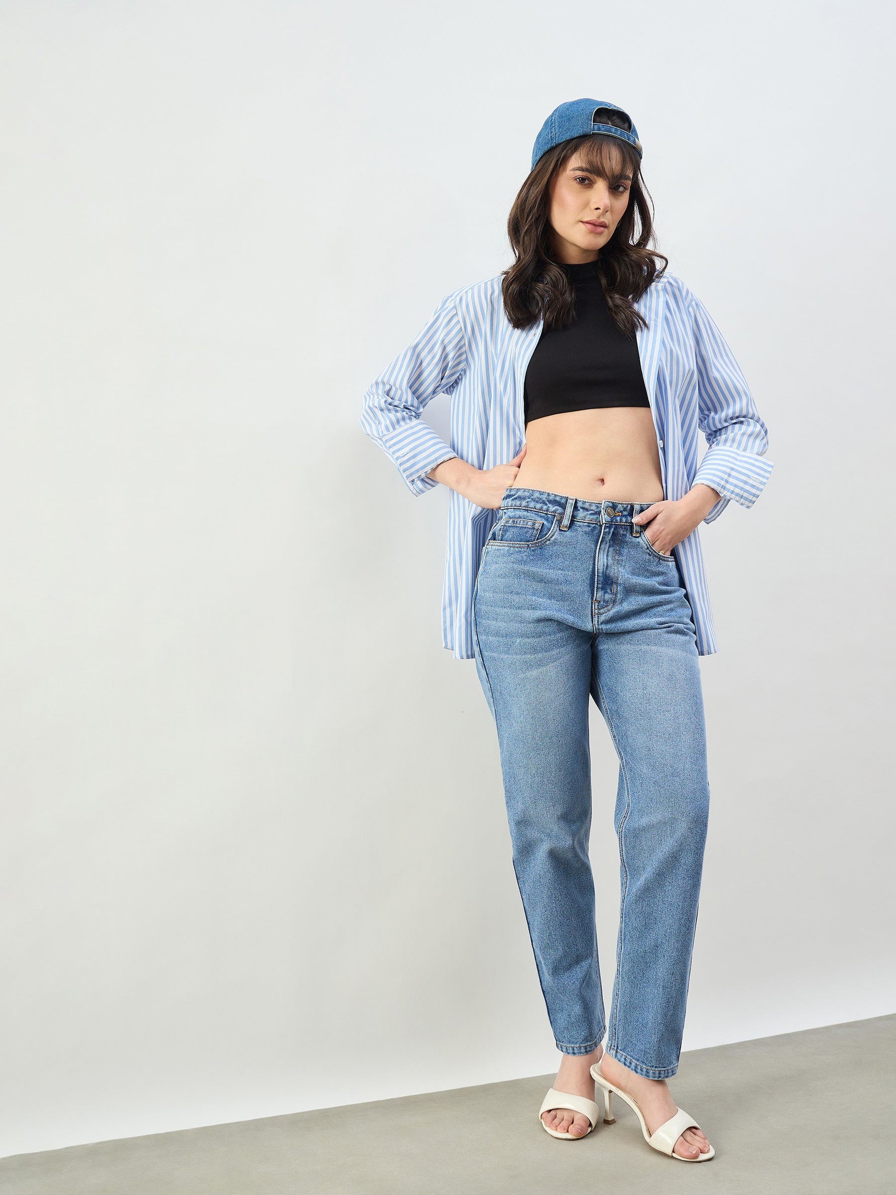 Blue Wash Barrel Fit High Rise Jeans-SASSAFRAS BASICS