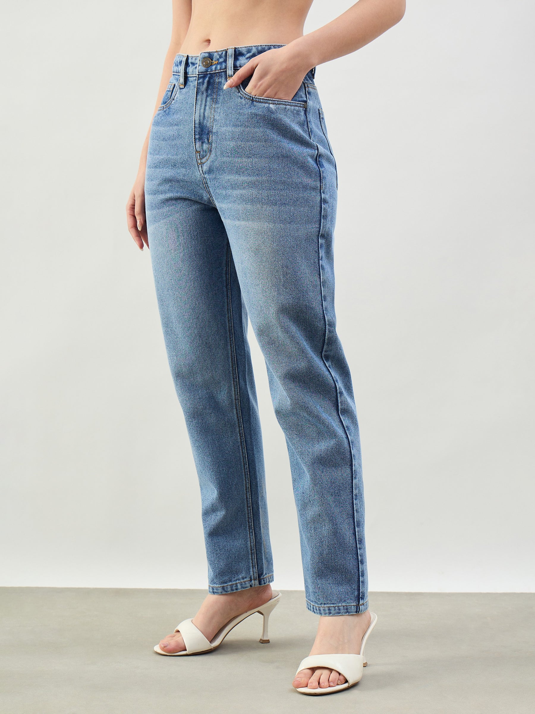Blue Wash Barrel Fit High Rise Jeans-SASSAFRAS BASICS