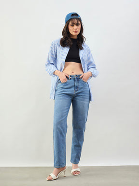Women Blue Wash Barrel Fit High Rise Jeans